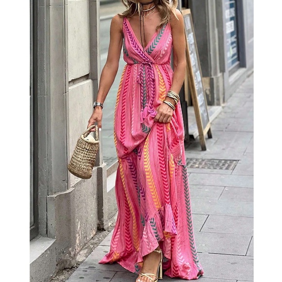 Boho Pink Chevron Print Cami Maxi Dress - Picture 1 of 6